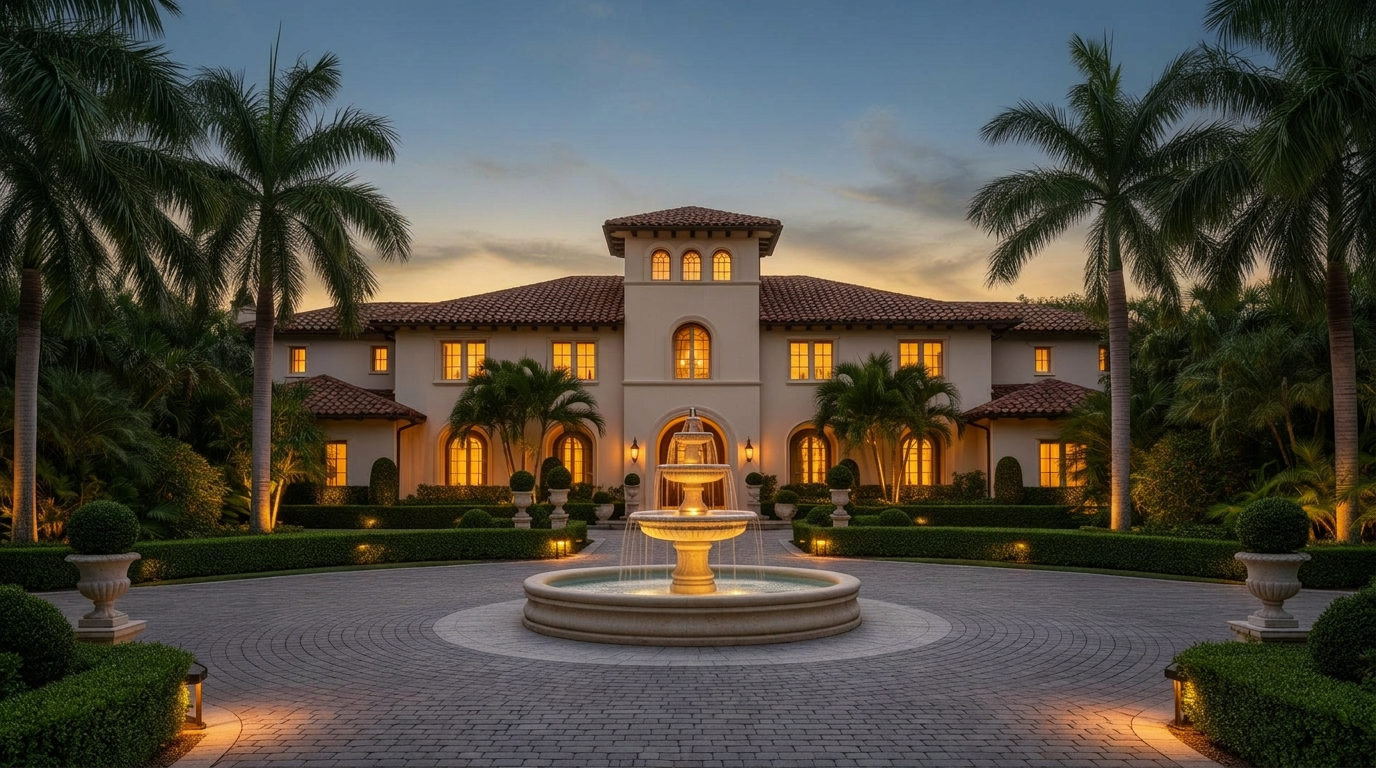 Grand private estate at blue hour with illuminated gates
